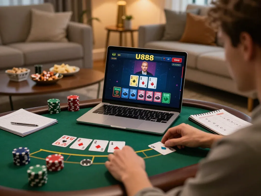 Player engaging in live dealer blackjack on U888 laptop in a cozy home environment