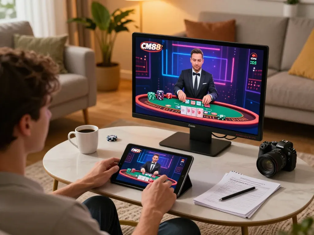 Engaging gameplay on CM88 fm live dealer blackjack, showcasing a cozy home gaming setup.