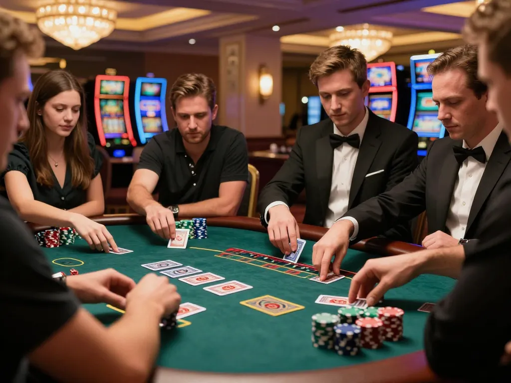 VK88 players strategizing at a blackjack table, chips in play amidst vibrant casino lighting