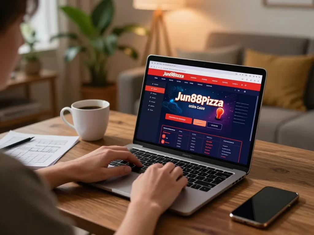 Player engaging on jun88pizza online casino platform while enjoying a cozy home ambiance