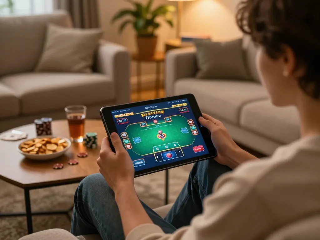 Engaged player enjoying online gambling at nhà cái tt88 on a tablet in a cozy living room.