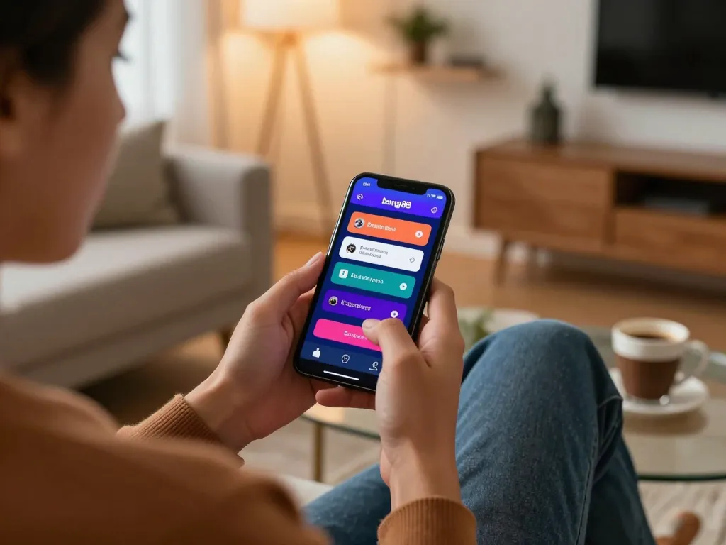 Using the app bong88 for online betting in a cozy living room setting.
