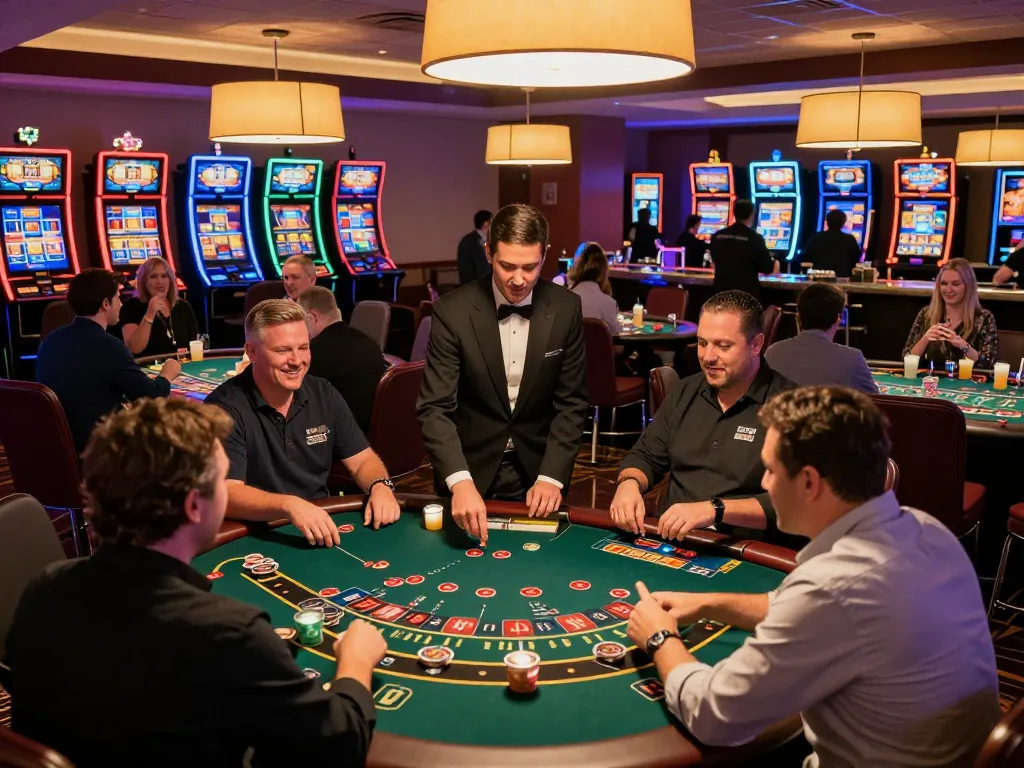khuyến mãi 98win is featured in a lively casino scene with engaged players at tables