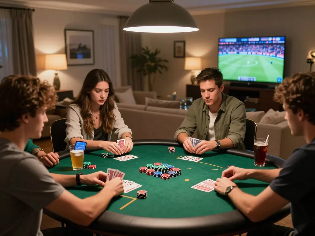 Enjoying a vibrant poker night with friends while using the aa88 casino app for live betting.