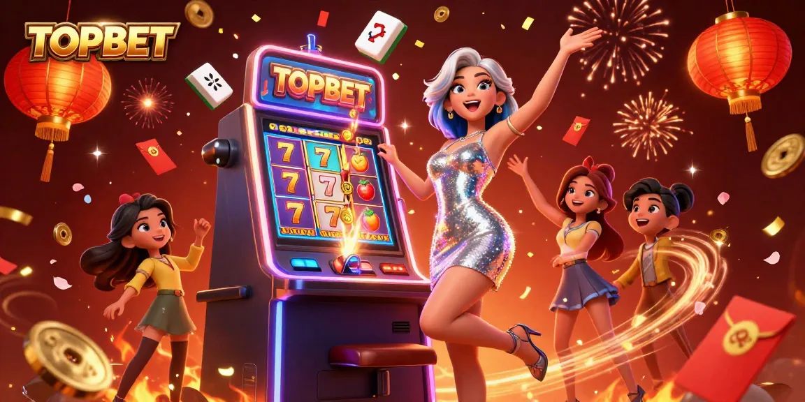 Celebrate big wins at TOPBET with vibrant casino visuals of jackpots and slot machines.
