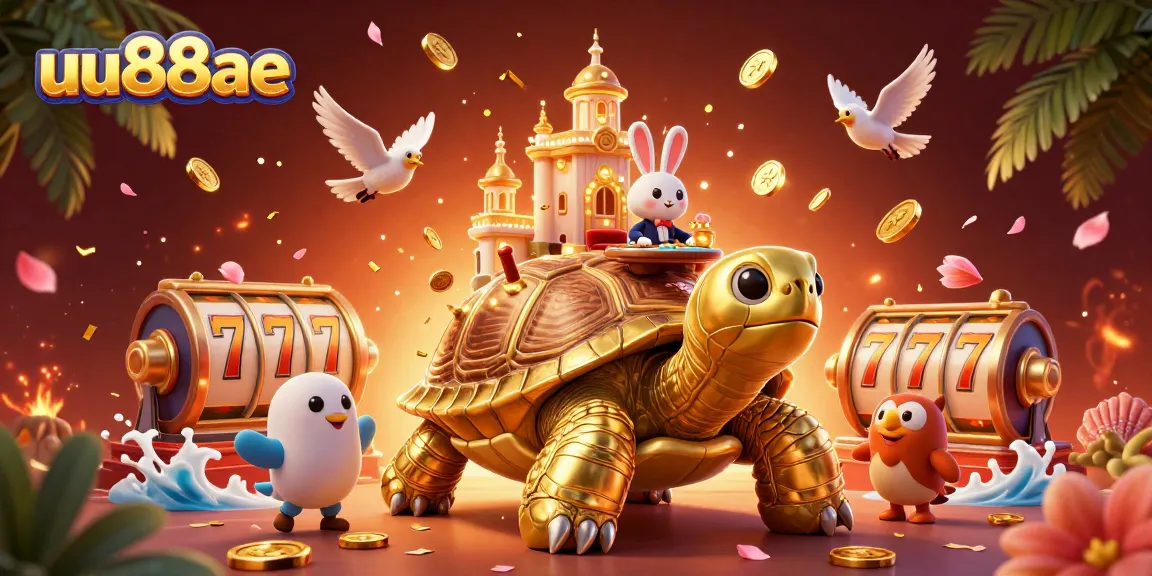 Win big at uu88ae with a vibrant casino scene featuring a golden tortoise and slot reels.