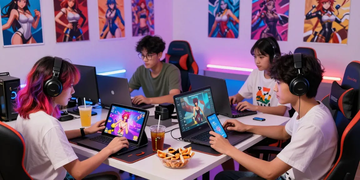Gamers enjoying engaging hentai games on various devices in a vibrant gaming environment.