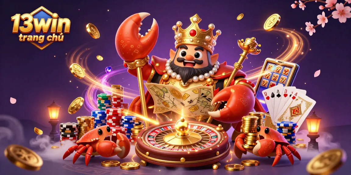 Experience the excitement of winning at 13win trang chủ with a vibrant 3D casino scene featuring a golden crab emperor.