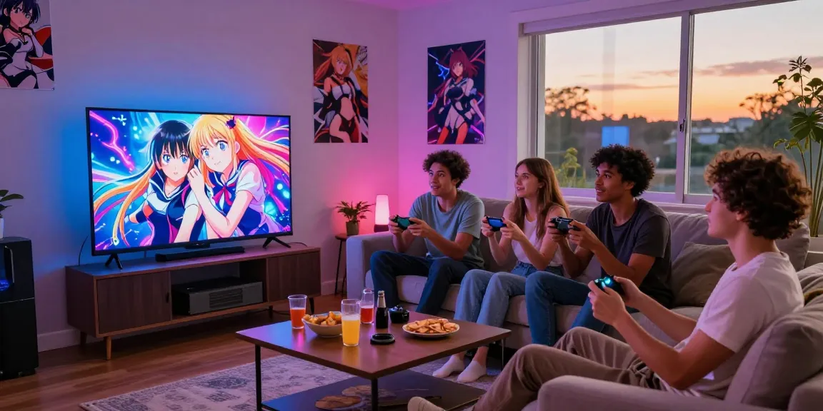 A group of friends enjoying multiplayer hentai games in a cozy living room.