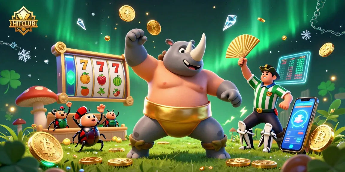 Experience HITCLUB's gaming excitement with a vibrant 3D beetle champion stomping golden coins.