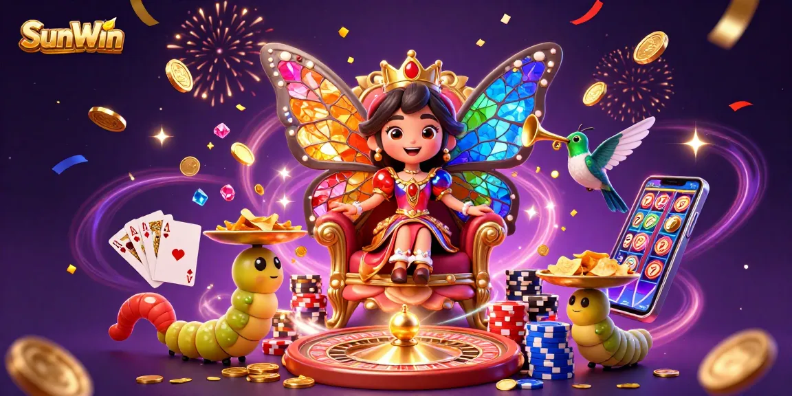 Experience thrilling gameplay with SunWin, portrayed by vibrant casino elements and a whimsical butterfly queen.