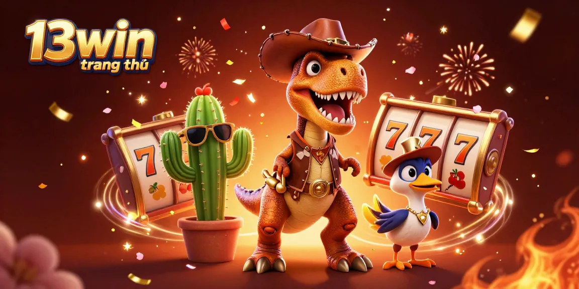 Engage with 13win trang chủ, featuring a vibrant casino scene with animated characters and slot game elements.