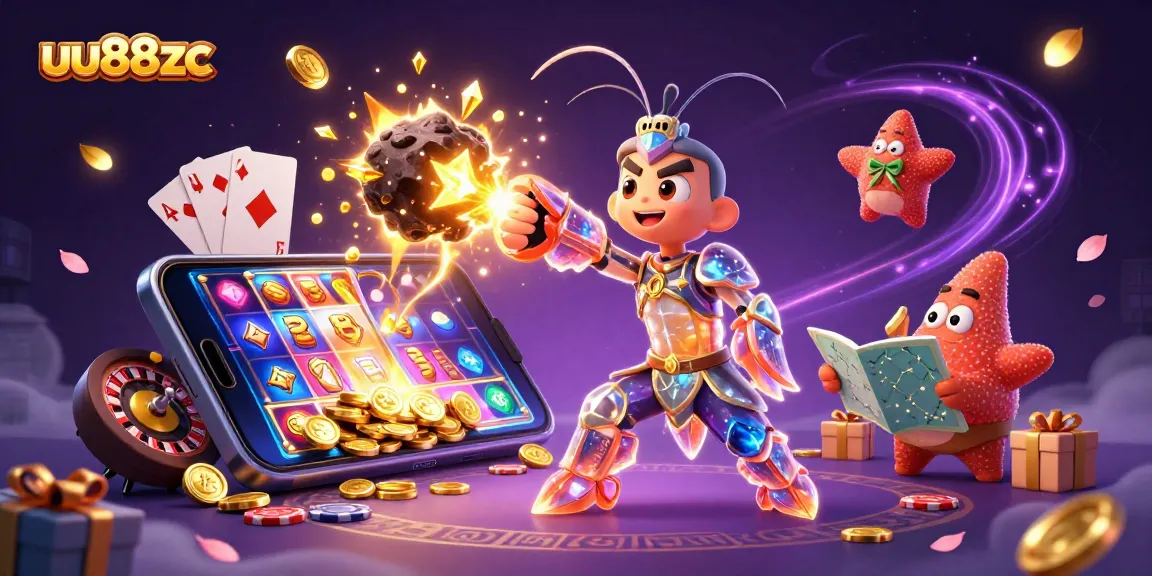 Experience winning strategies with uu88zc in an action-packed casino adventure illustration.