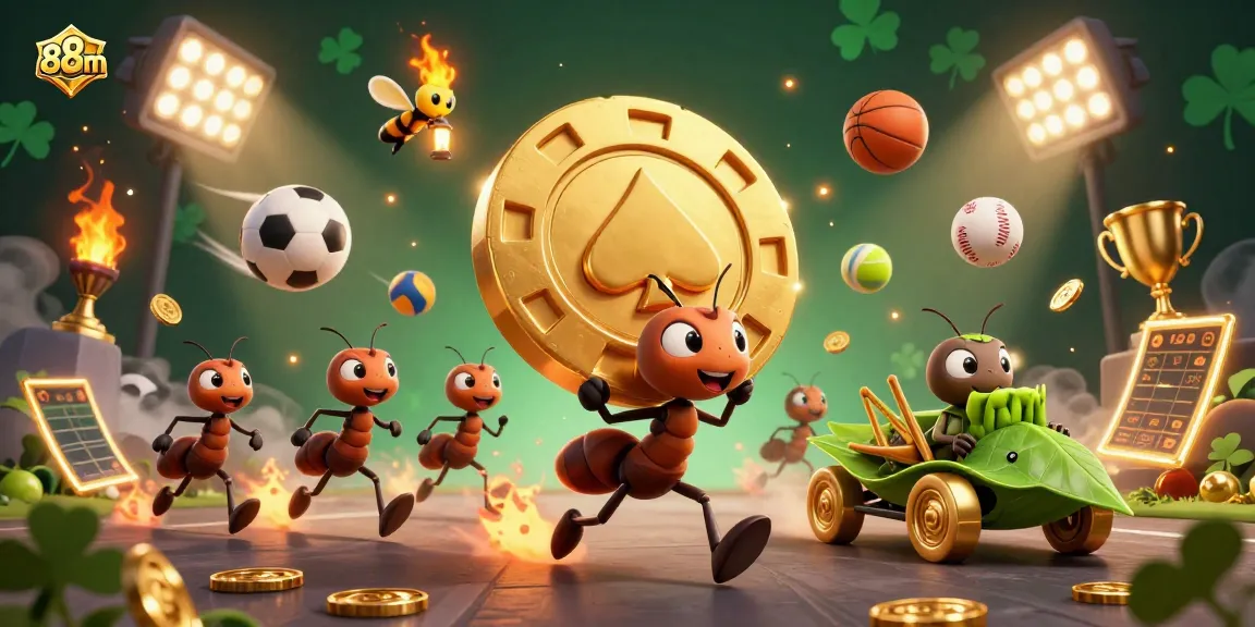 88m showcases dynamic action with ants heisting a golden poker chip in a colorful casino-inspired scene.