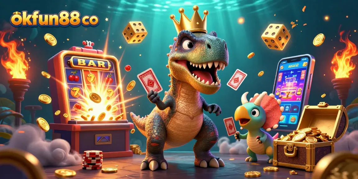 Engage with excitement at okfun88 co with 3D characters exploring vibrant casino and gaming elements.