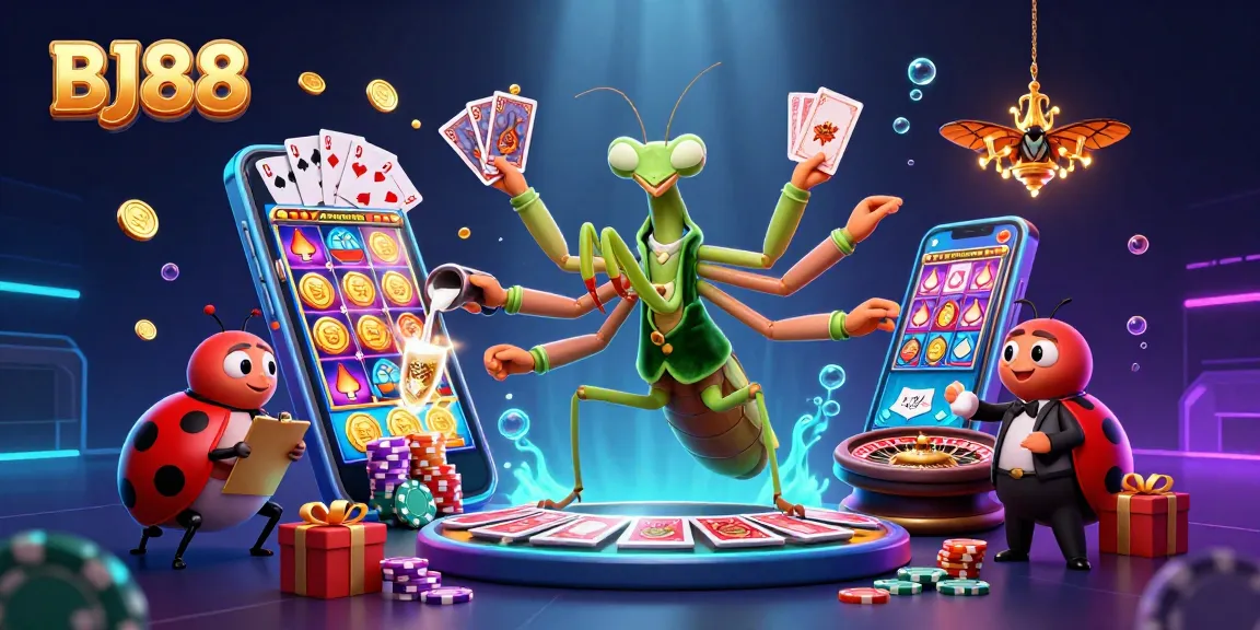 BJ88's dynamic casino scene featuring a giant mantis card sharp and ladybug pit boss amidst poker and slot game elements