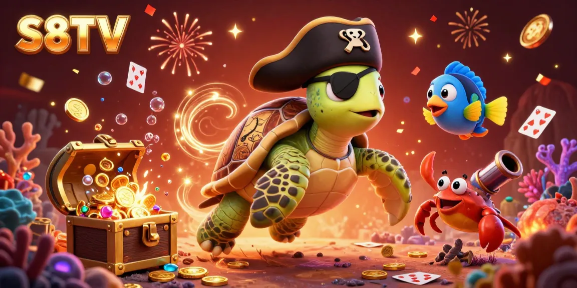 S8TV showcases vibrant casino action featuring a turtle, hermit crab, and parrotfish amidst treasure.