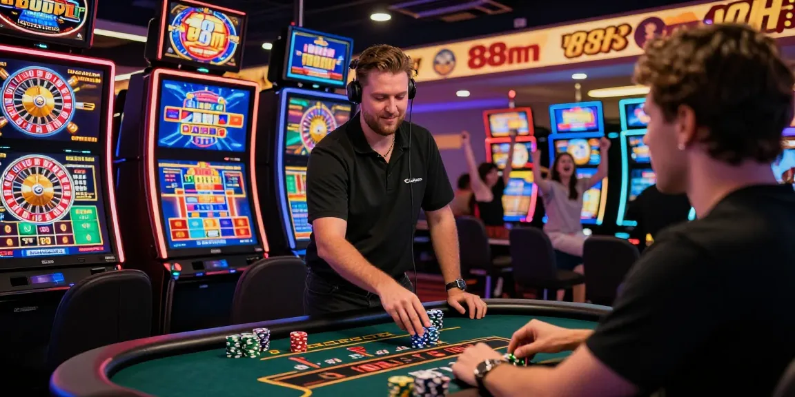 Player engaging with live dealer at 88m online casino, vibrant atmosphere with tech displays and virtual chips.