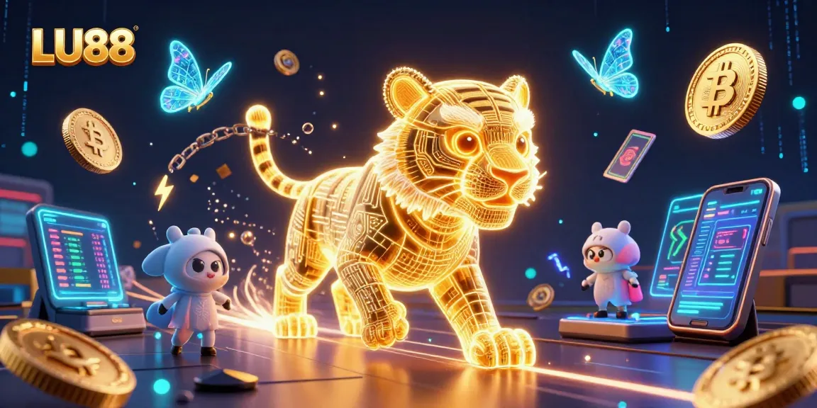 LU88 showcases an energetic scene with golden tiger prowling a digital casino landscape.