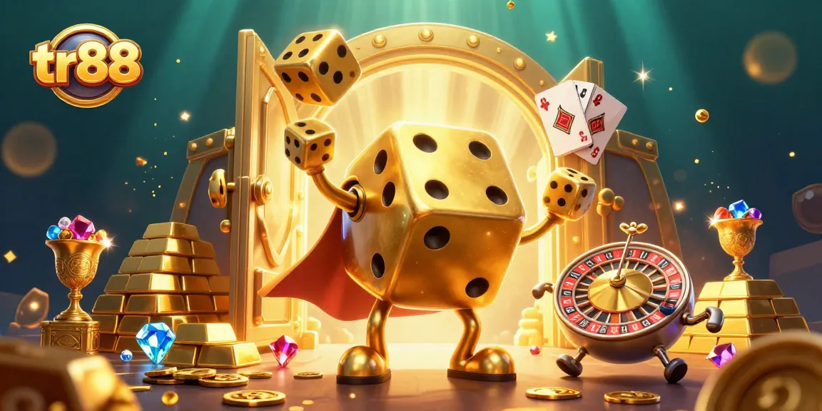 tr88 players winning with golden dice golem in a vibrant 3D casino scene