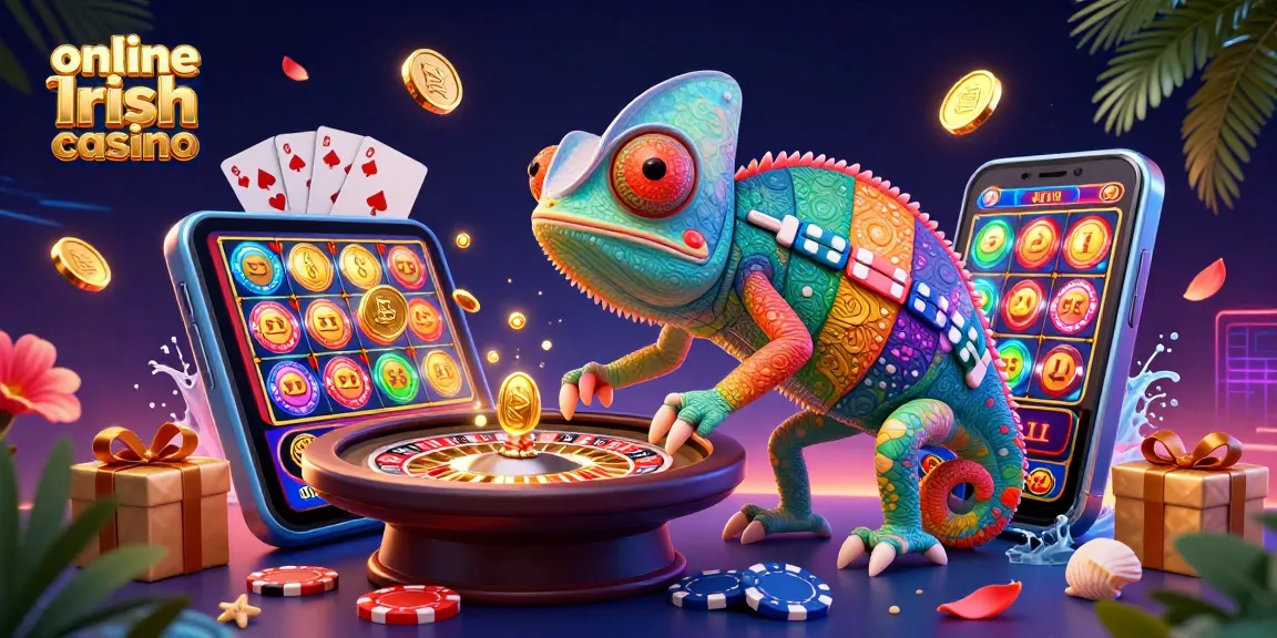 Engage with a vibrant online Irish casino scene featuring a colorful chameleon and exciting game elements.