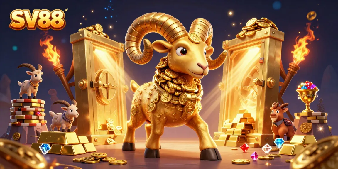 SV88 showcases a golden ram charging through a treasure vault, exemplifying thrilling casino excitement.
