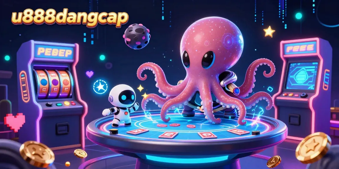 u888dangcap showcases a vibrant 3D scene of an alien octopus at a floating poker table, orbiting colorful game elements.