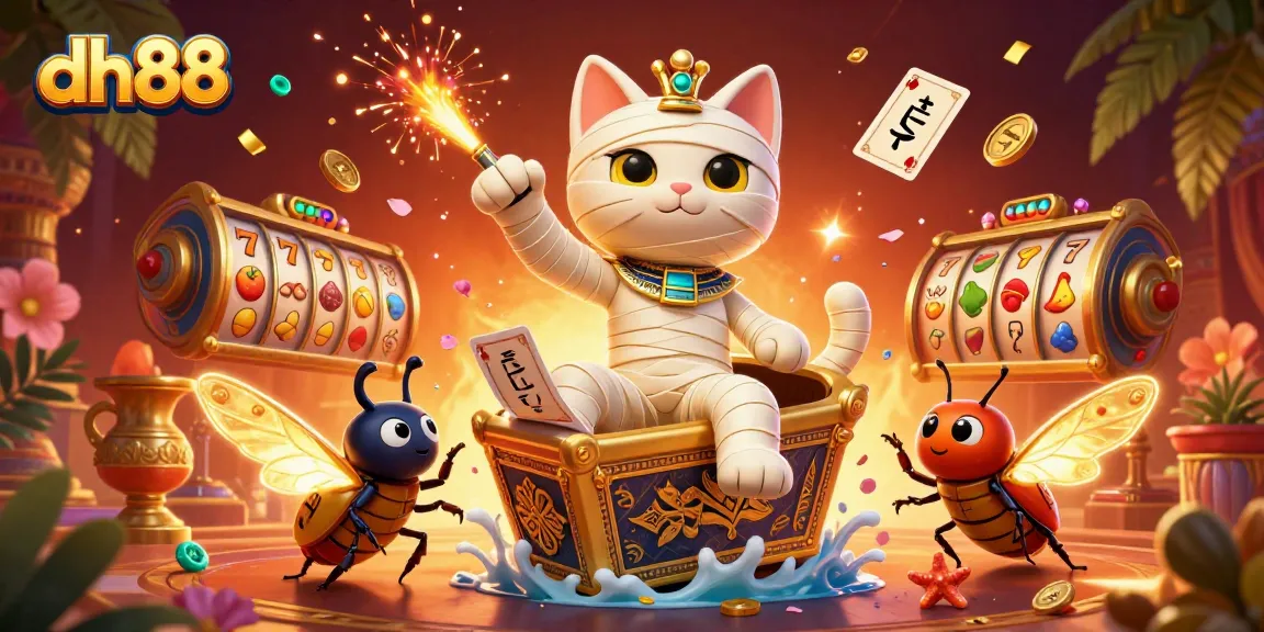 Engage with thrilling gameplay at dh88 featuring a mummy cat and golden elements in a vibrant casino.