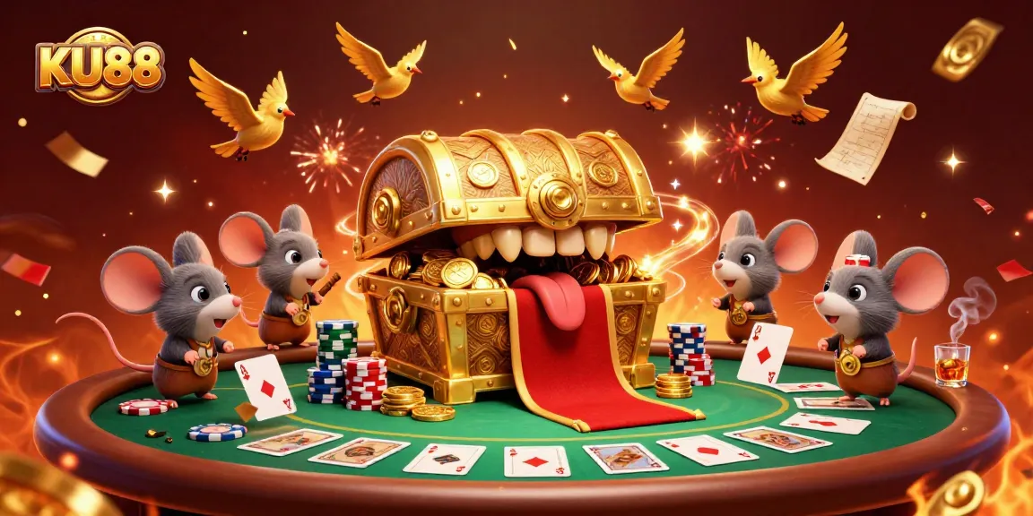 Engage with the thrilling world of KU88 as adventurous mice are lured by the golden treasure chest decorated with casino elements.