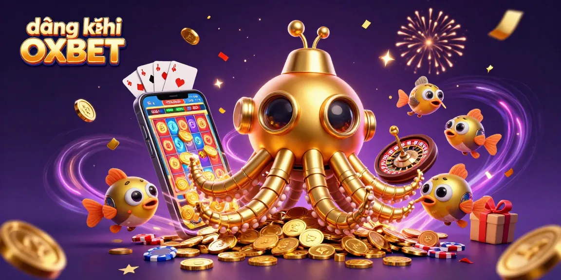 Engage in đăng ký OXBET with a vibrant 3D illustration of a kraken submarine amidst a sea of riches.