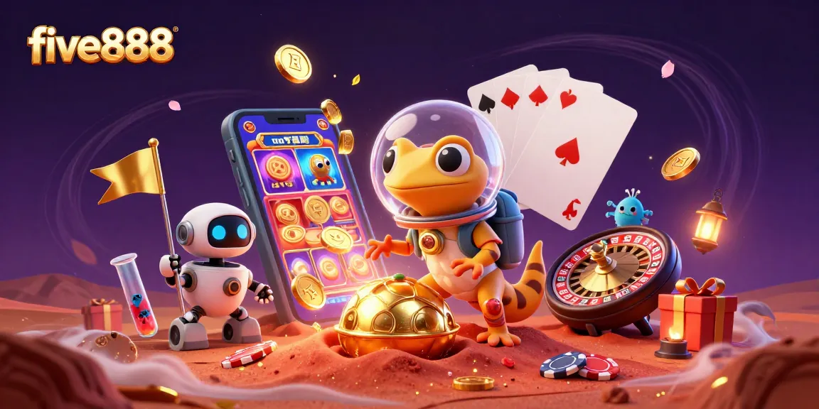 Engage with five888's vibrant casino adventure featuring a Martian gecko and exciting gaming elements.
