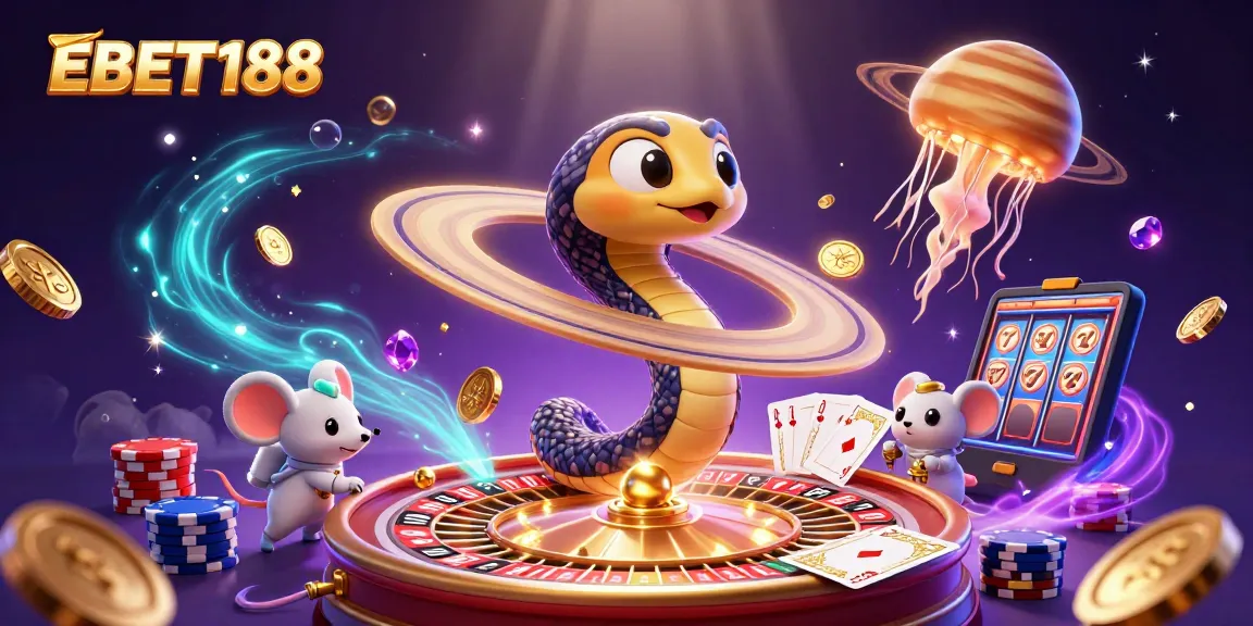Engage with EBET188's cosmic casino scene featuring a Saturn ring snake and playful astronaut mice betting.