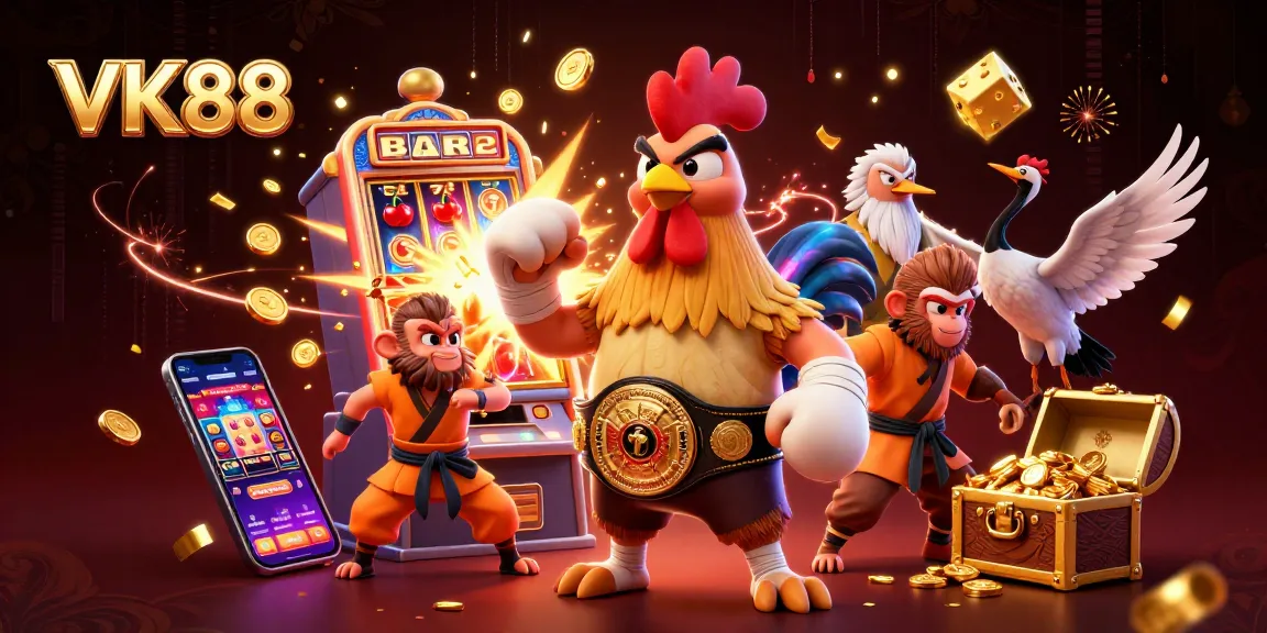 Engage in thrilling gameplay at VK88 with festive illustrations of dynamic casino characters.