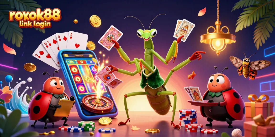 Join the excitement at rokok88 link login, featuring a vibrant 3D casino scene with engaging characters and casino elements.