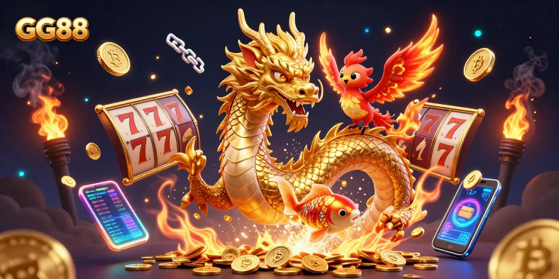 Win big at GG88 with a dynamic golden dragon, phoenix, and koi fish in a vibrant casino scene.