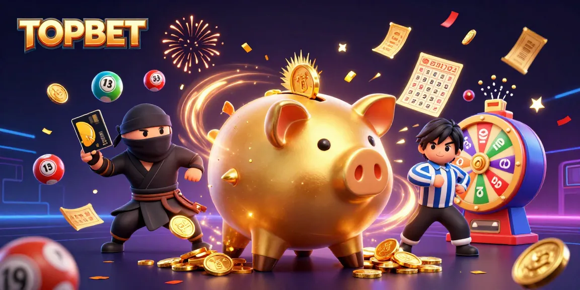 TOPBET showcases a dynamic gaming scene with golden piggy bank sumo wrestler and colorful lottery elements.