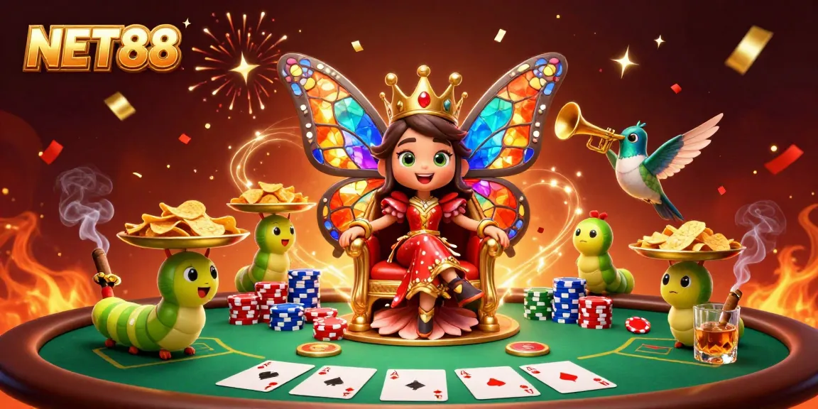 Experience winning strategies at NET88 with a vibrant illustration showcasing poker elements and celebratory characters.