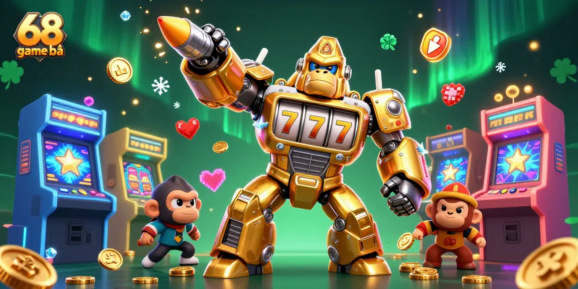 Experience the thrill of 68 game bài with a dynamic casino scene featuring a golden gorilla mech and colorful arcade games.