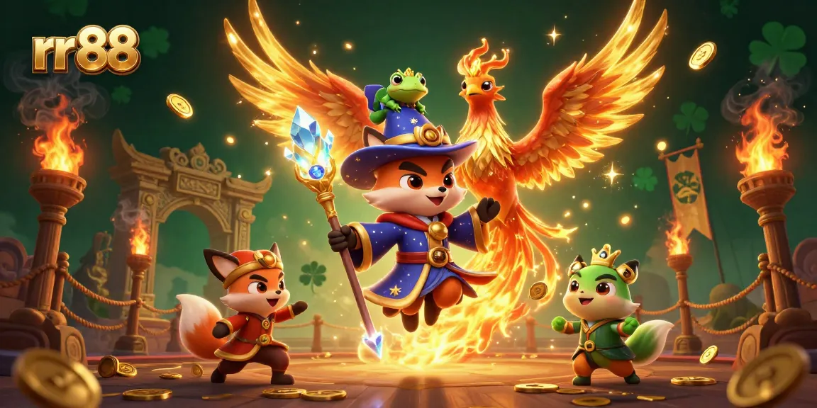 Experience the excitement of rr 88 with a mystical casino scene featuring a wizard fox and phoenix.