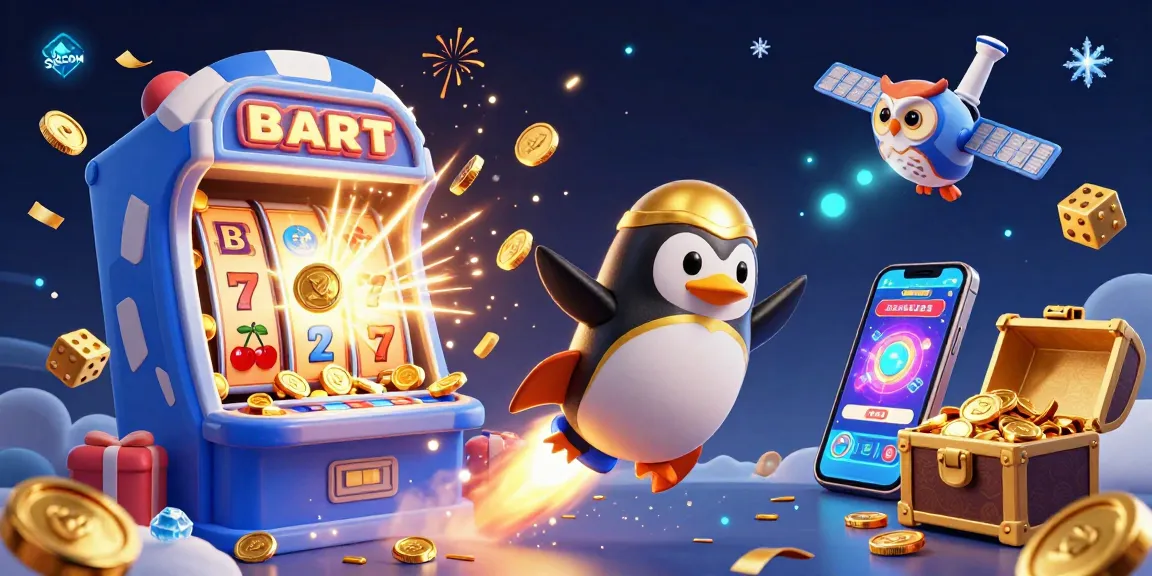 S8COM players engage with a dynamic casino scene featuring golden penguin, slot machines, and more.