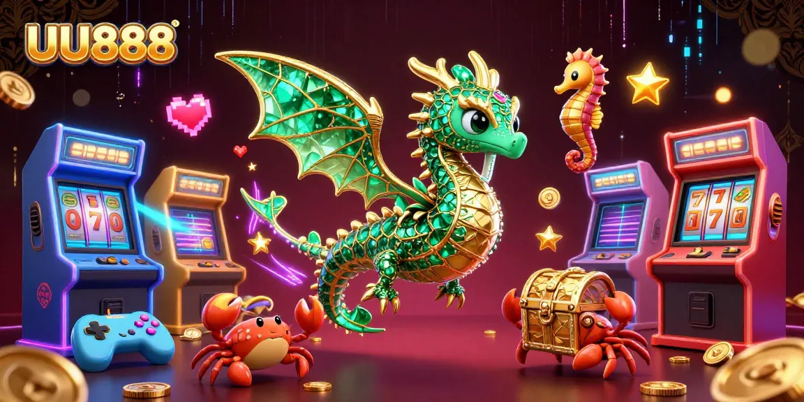 Experience casino excitement with UU888 featuring an emerald dragon and colorful game elements.