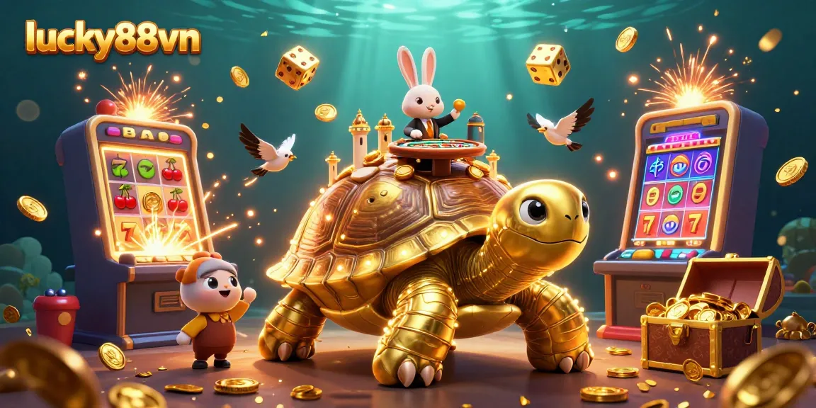Join the excitement at lucky88vn with a rabbit dealer and golden tortoise in vibrant casino scene.