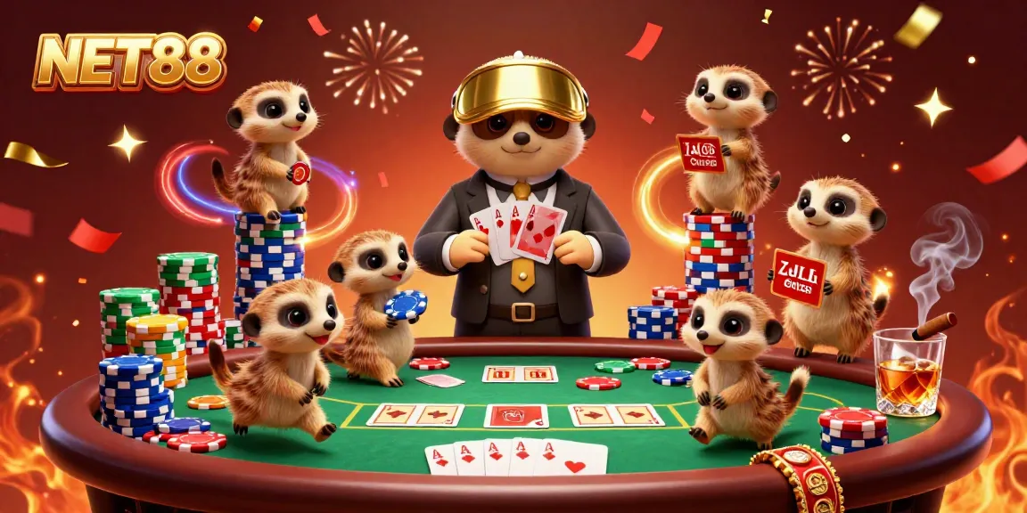 Meerkats operating a vibrant casino at NET88, showcasing poker elements with a festive atmosphere.