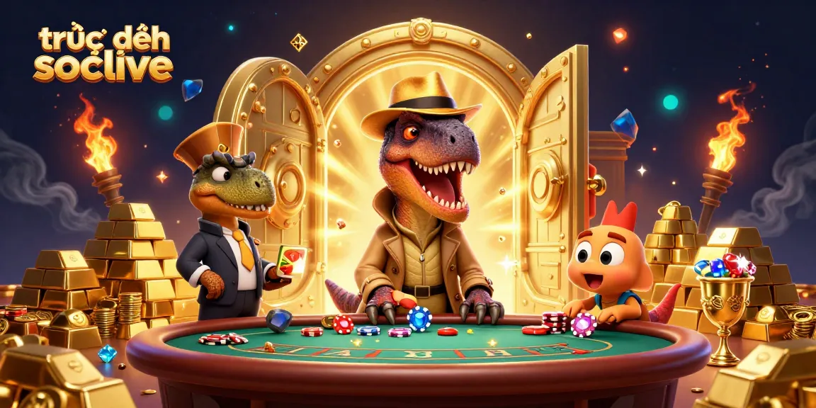 Experience the thrill of trực tiếp socolive with a cartoon velociraptor card counter at a blackjack table surrounded by treasure.