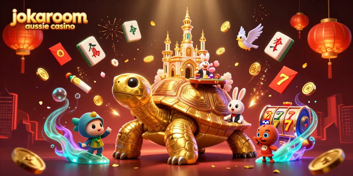 Experience the thrill at jokaroom aussie casino with vibrant games and golden rewards in this captivating 3D scene.