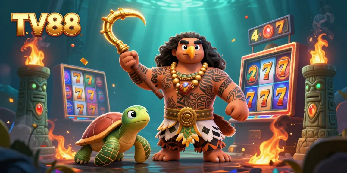 Spin the reels on TV88 slots with a vibrant casino-themed scene featuring Polynesian characters.