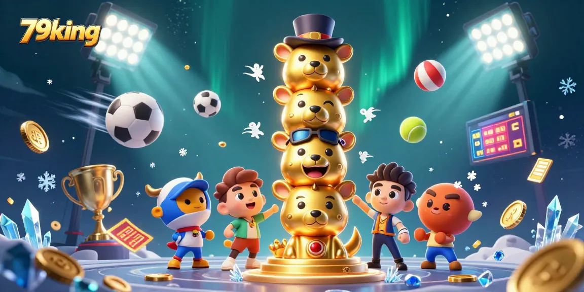 Engage with 79king's vibrant casino world featuring golden totem pole, sports, and dazzling effects.