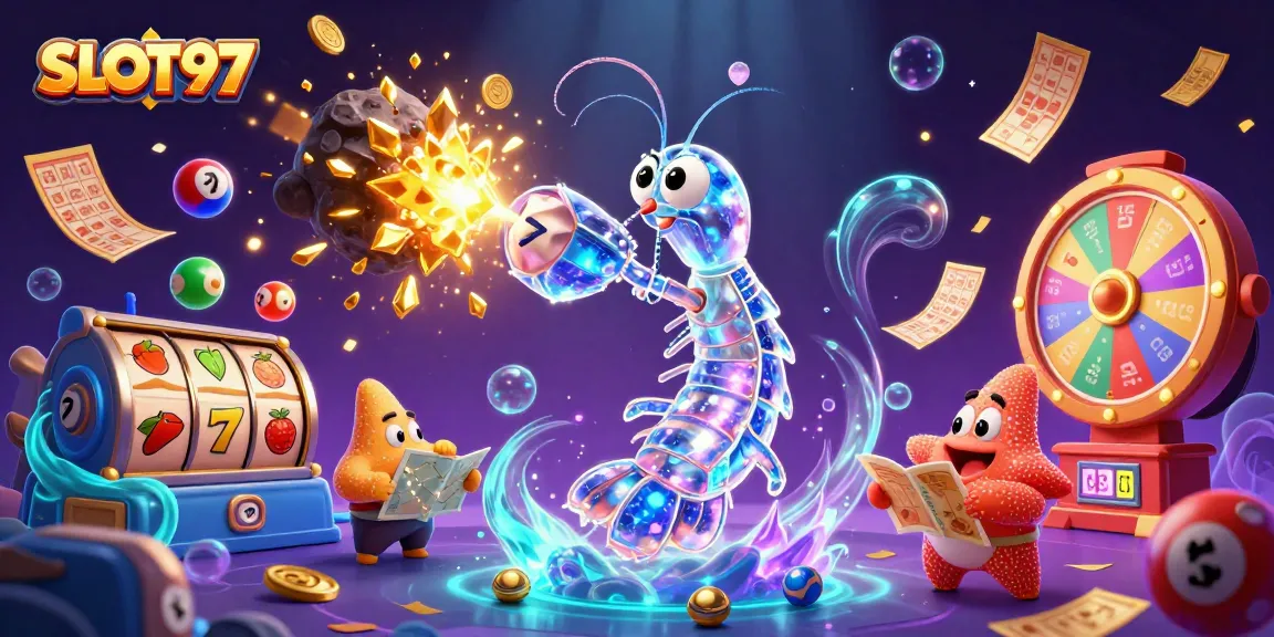 SLOT97 presents an energetic scene featuring a galactic samurai mantis shrimp and a starfish amidst slot reels, colorful lottery balls, and explosive gems.