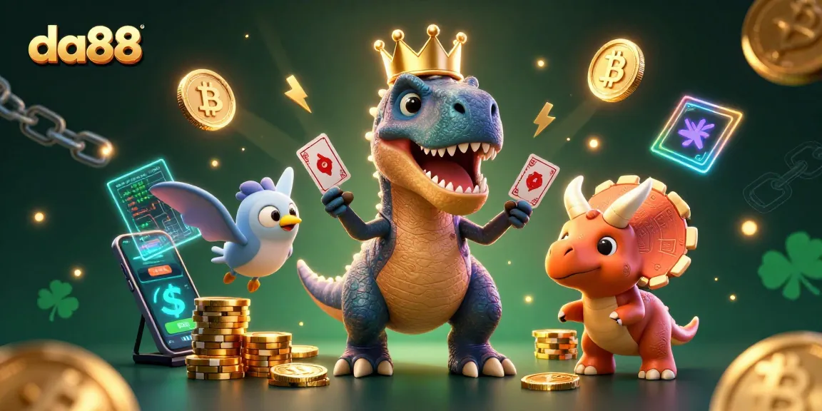 Experience gaming excitement with da88, a vibrant 3D casino scene featuring fun characters and crypto elements.