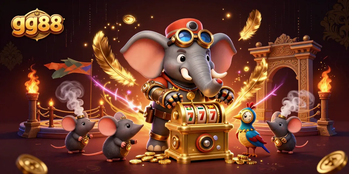 Engage with the thrilling world of gg88 through a vibrant steampunk casino illustration featuring dynamic characters and slot game elements.